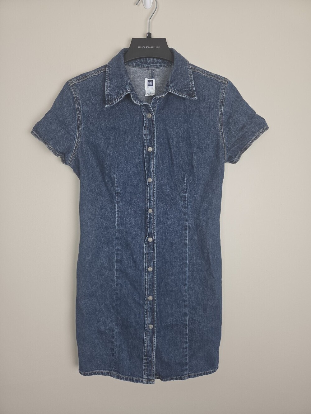 VTG Gap Denim Dress Size 10 Short Sleeve Button Up Fitted Blue Jean Shift Dress